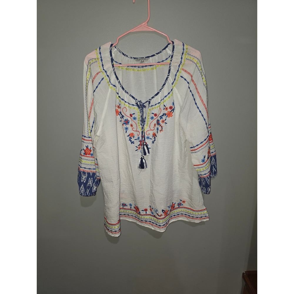 John Mark Womens XL White Embroidered Boho Peasant Blouse Tassel Tie Gauze Top